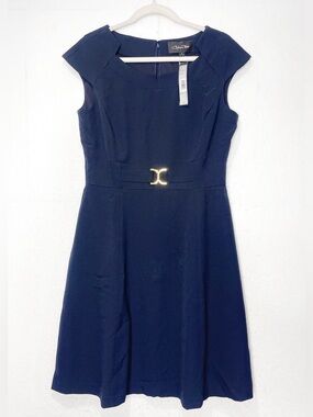 Chelsea Rose Navy Blue Sheath Dress Gold Buckle Detail Career Wear Cap Sleeve 10